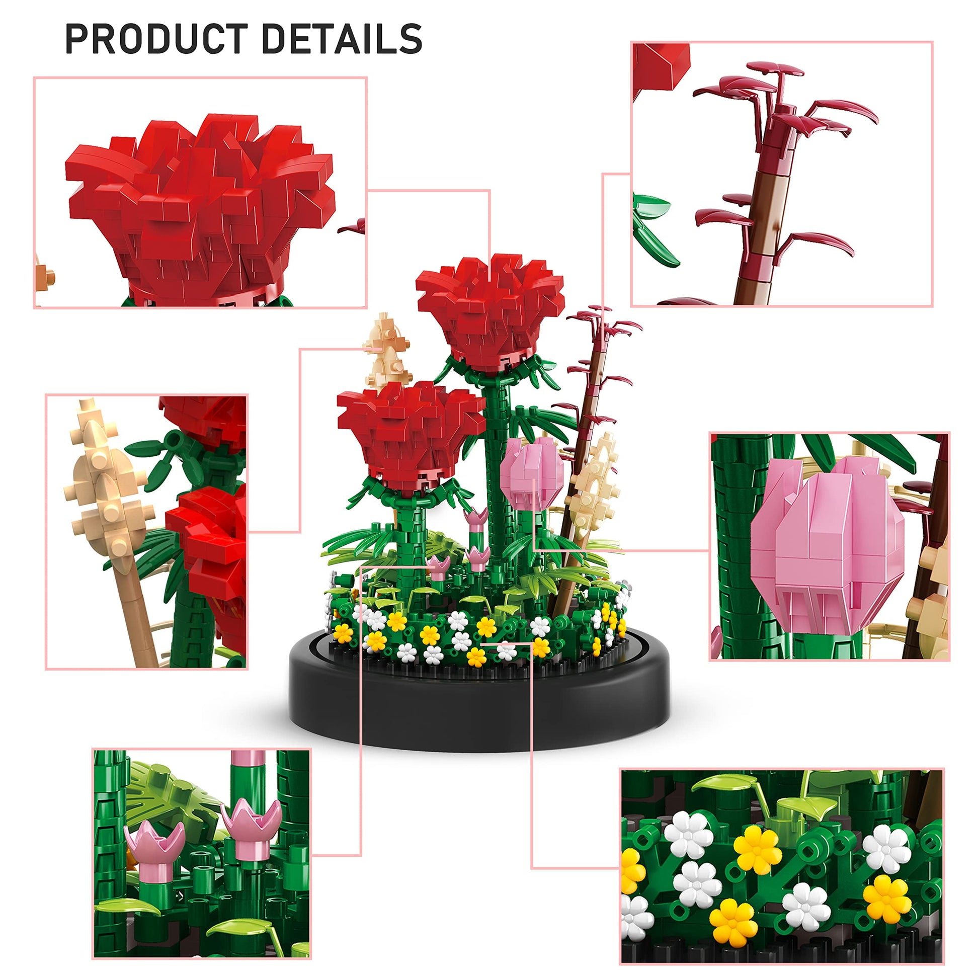 593 PCS Flower Rose Bouquet Building Kit DIY Flowers Toys Gift Bonsai Tree Sets with Cover Botanical Collection Building Blocks Bricks Mother'S Day Gift